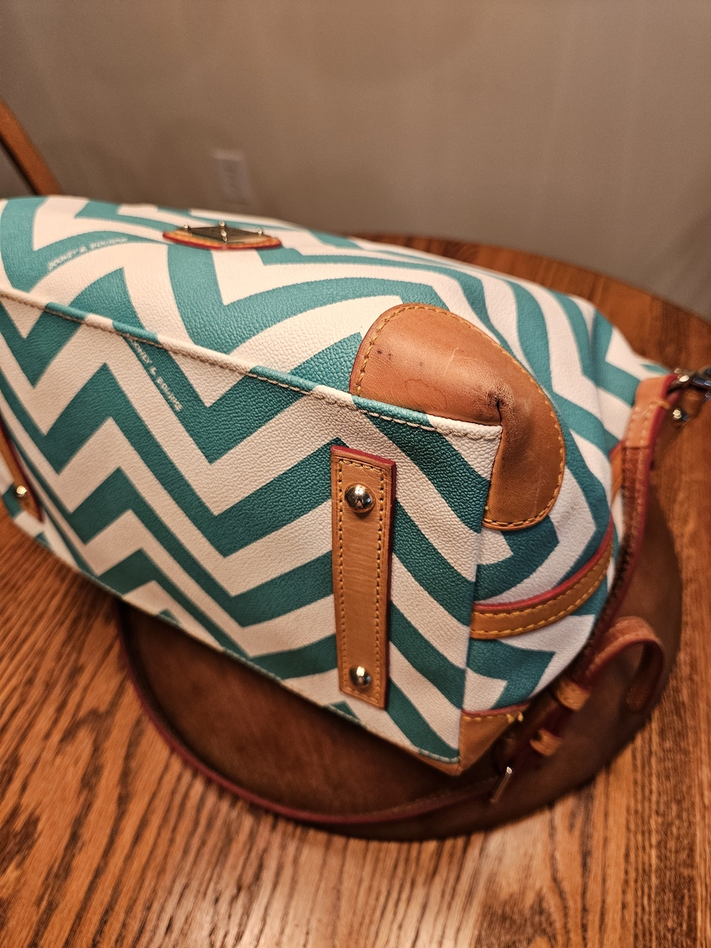 Dooney & Bourke Teal Chevron Satchel with Tan Leather Trim - Picture 11 of 11